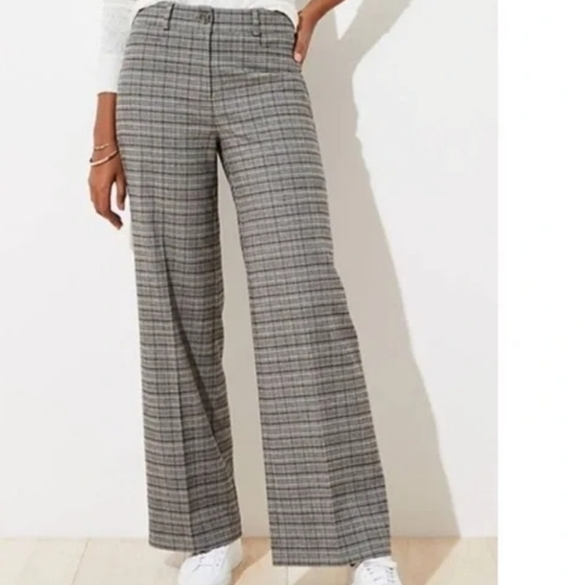 LOFT Women's Brushed Plaid Wide-Leg Pants - Black and Gray - Picture 1 of 8